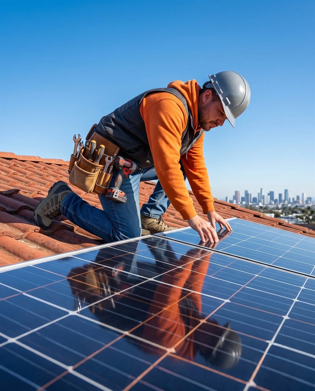 Instalação de painéis de energia solar em telhado residencial